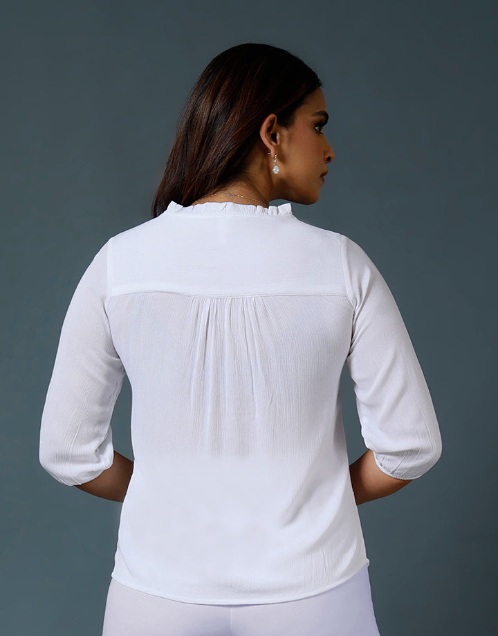 Frill Neck Blouse with Embroidered