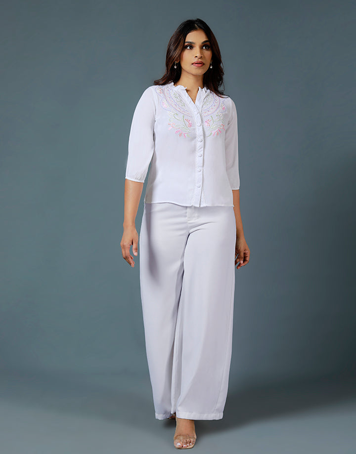 Frill Neck Blouse with Embroidered