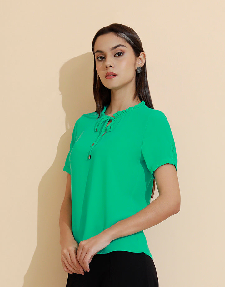 Frill Tie Neck Top with Short Sleeve