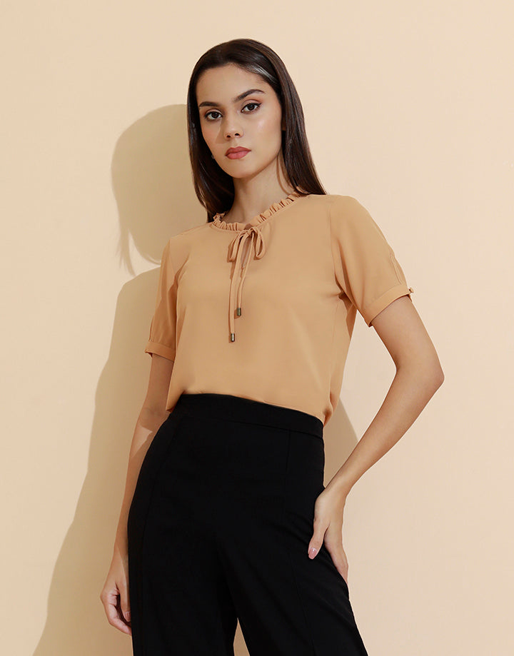 Frill Tie Neck Top with Short Sleeve