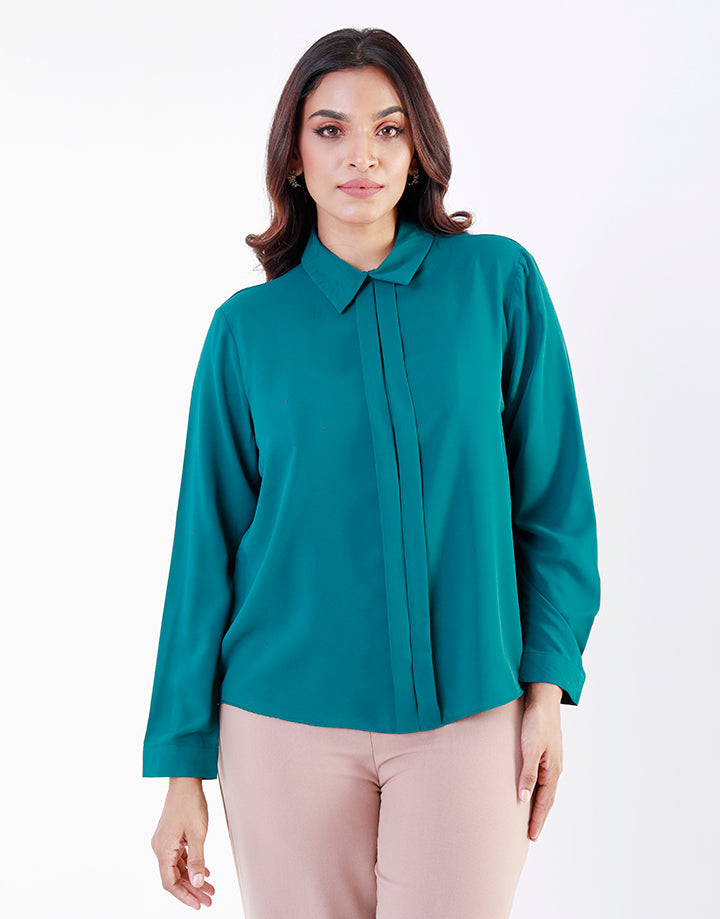 Front Box Pleated Long Sleeves Top