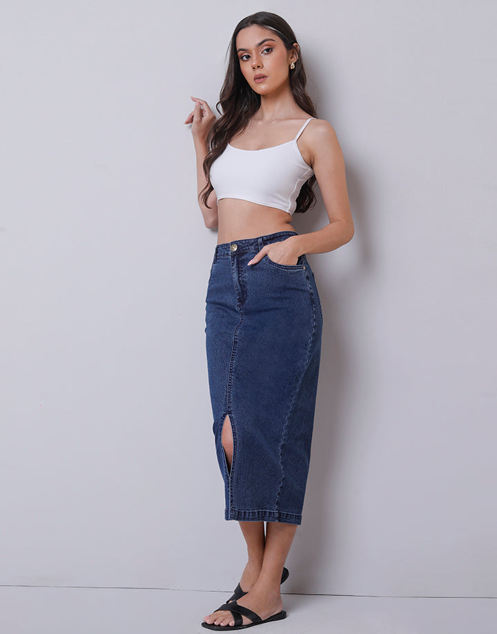 Front Cut Denim Midi Skirt