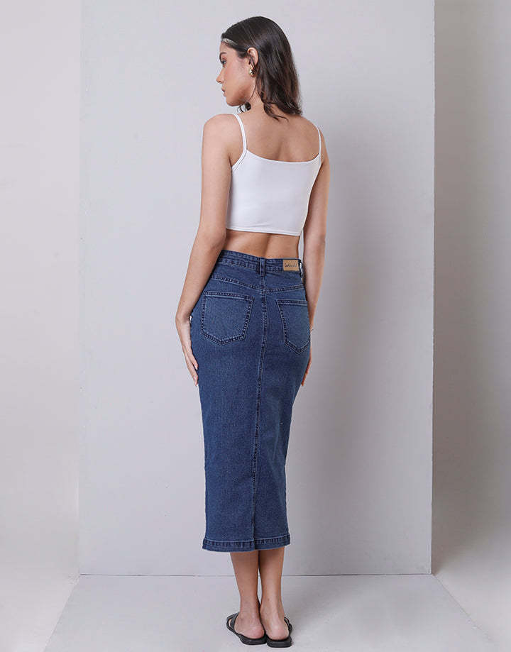 Front Cut Denim Midi Skirt