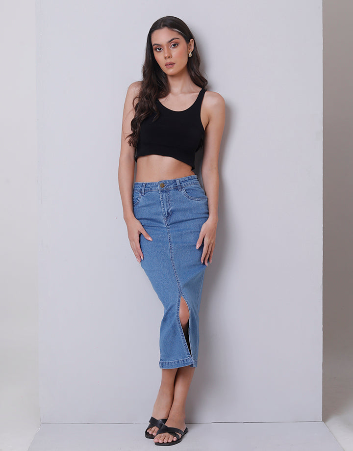 Front Cut Denim Midi Skirt