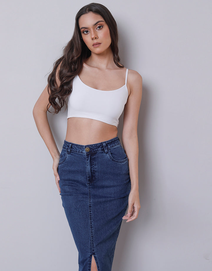 Front Cut Denim Midi Skirt