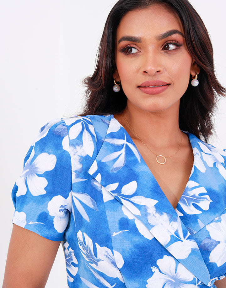 Hibiscus Print Lapel Collar Dress