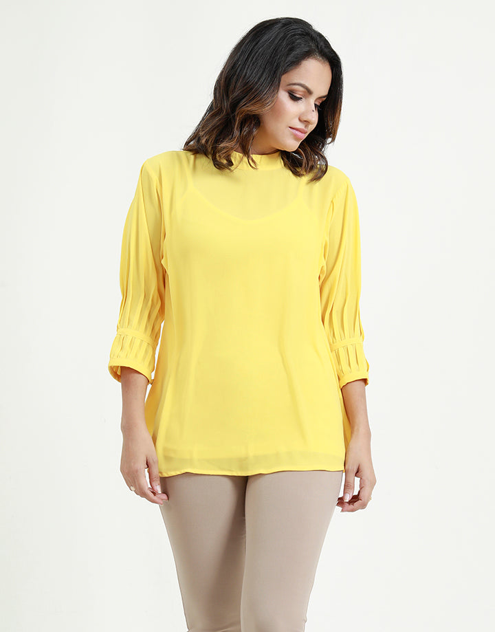 High Neck Blouse with Pintuck Detailed Sleeves