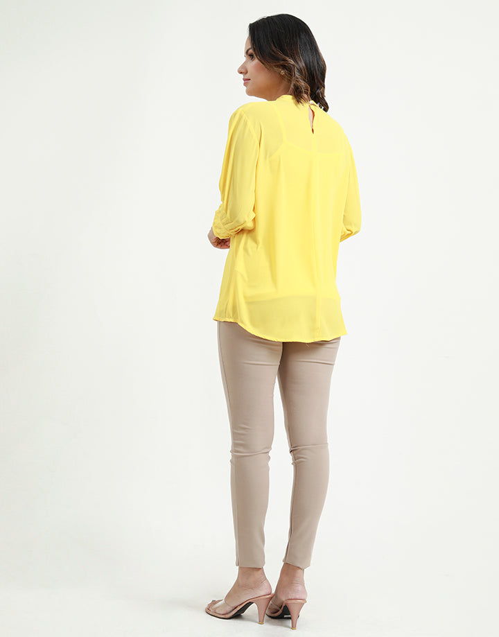High Neck Blouse with Pintuck Detailed Sleeves