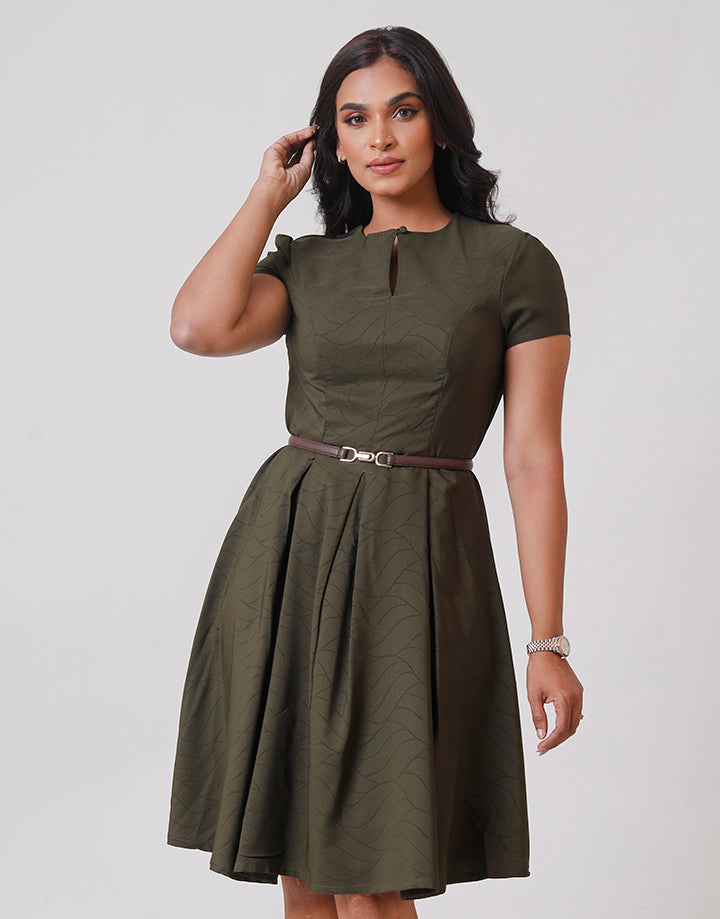 Keyhole Front Box Pleat Skirt Dress