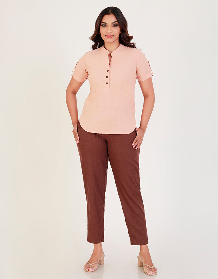 Linen Chinese Collared Top with Tab Sleeves