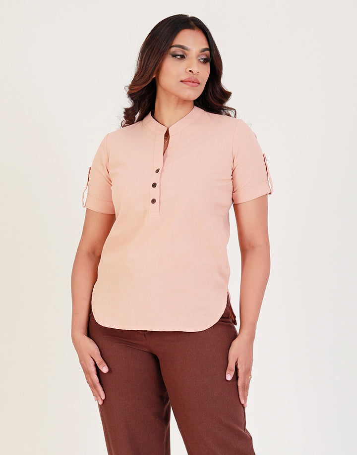 Linen Chinese Collared Top with Tab Sleeves