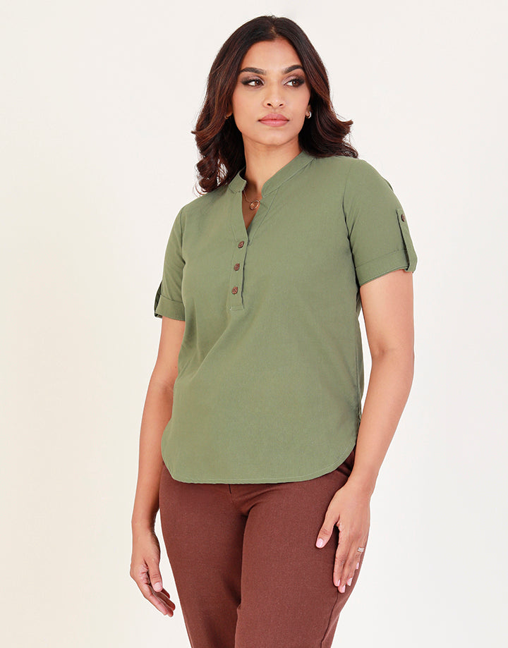 Linen Chinese Collared Top with Tab Sleeves