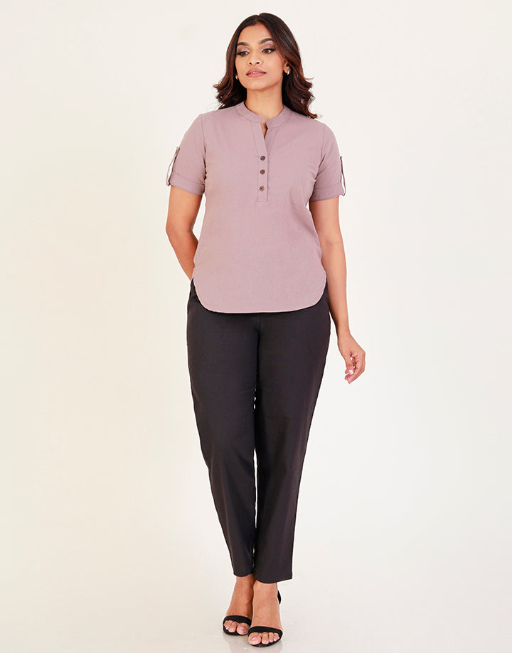 Linen Chinese Collared Top with Tab Sleeves