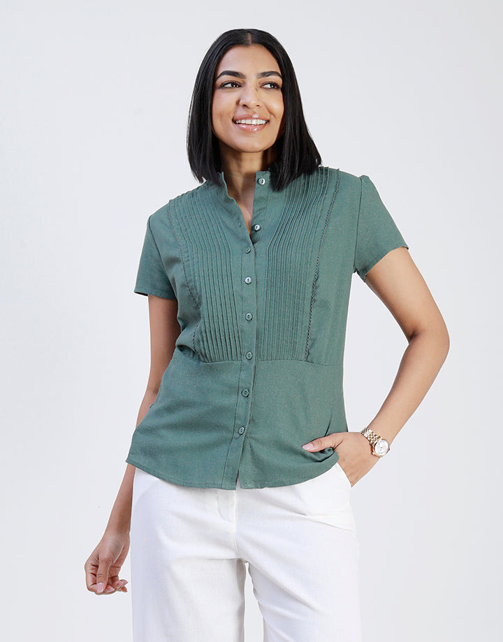 Linen Frill Neck Top with Pintuck