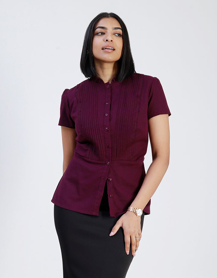 Linen Frill Neck Top with Pintuck