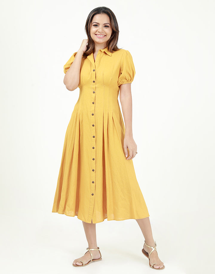 Linen Midi Dress with Puff Sleeves