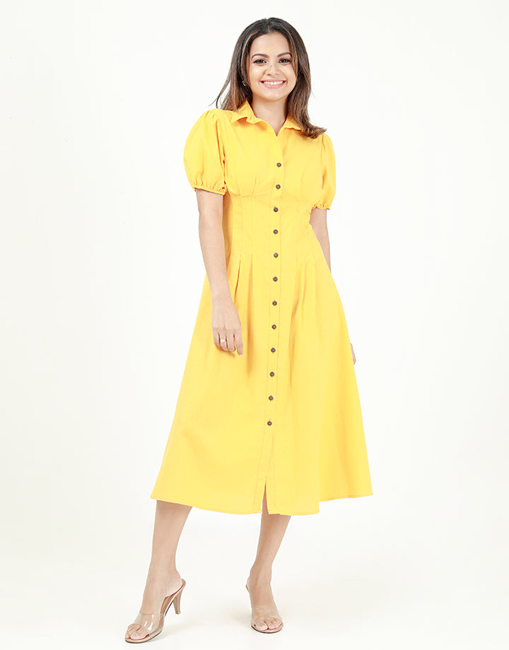 Linen Midi Dress with Puff Sleeves