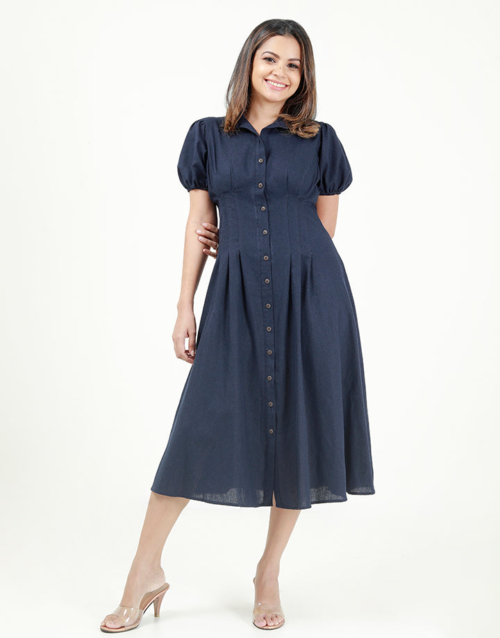 Linen Midi Dress with Puff Sleeves