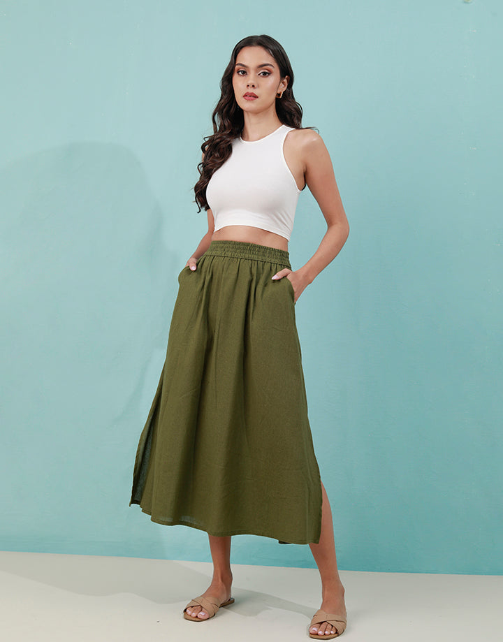 Linen Midi Skirt with Side Pockets