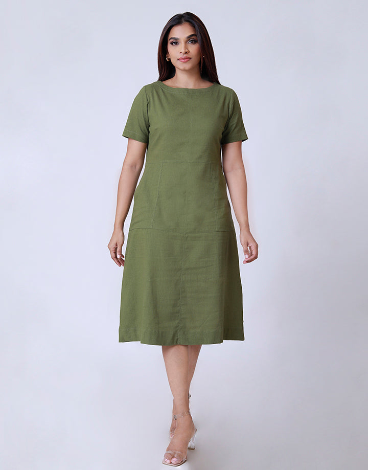 Linen Round Neck Dress with Side Pockets