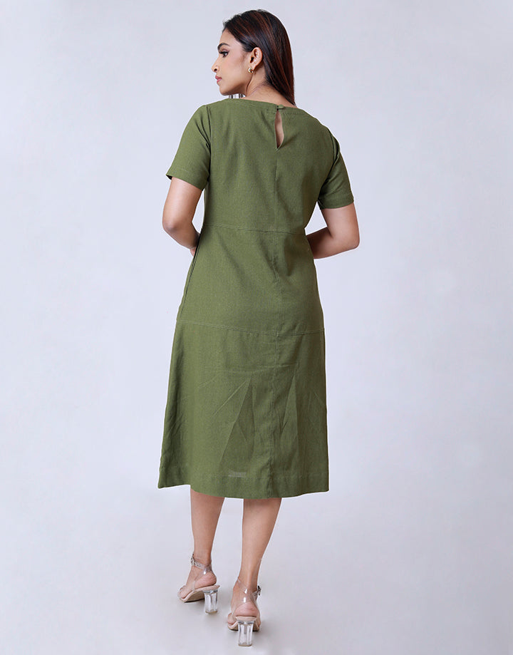 Linen Round Neck Dress with Side Pockets