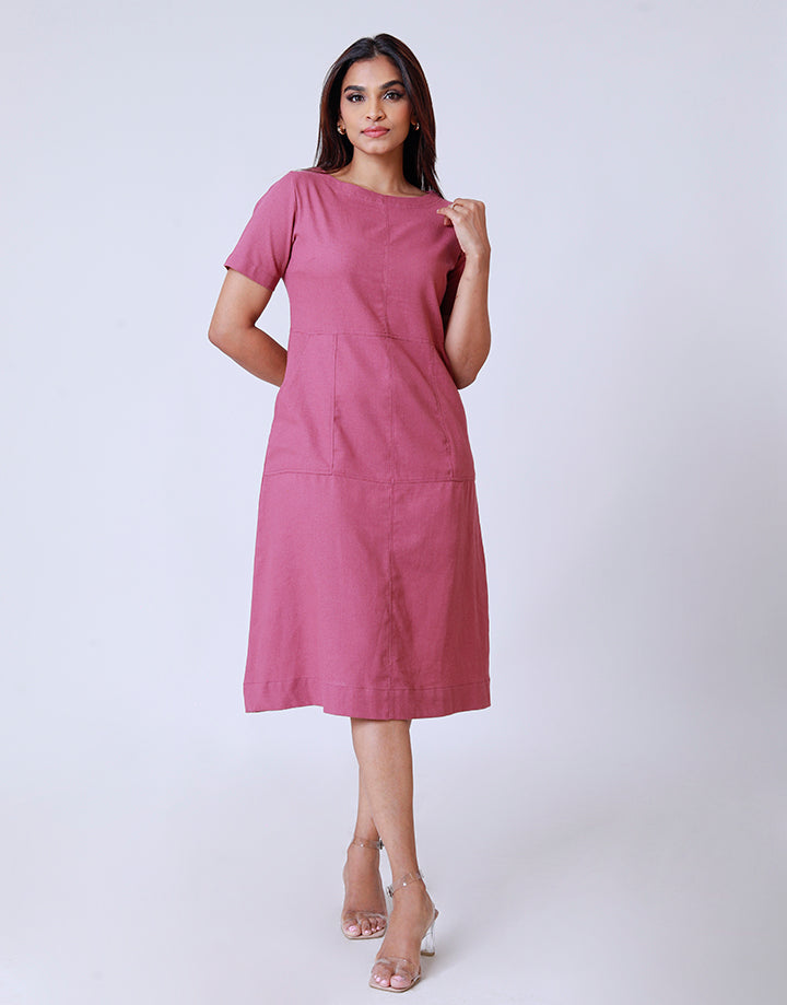 Linen Round Neck Dress with Side Pockets