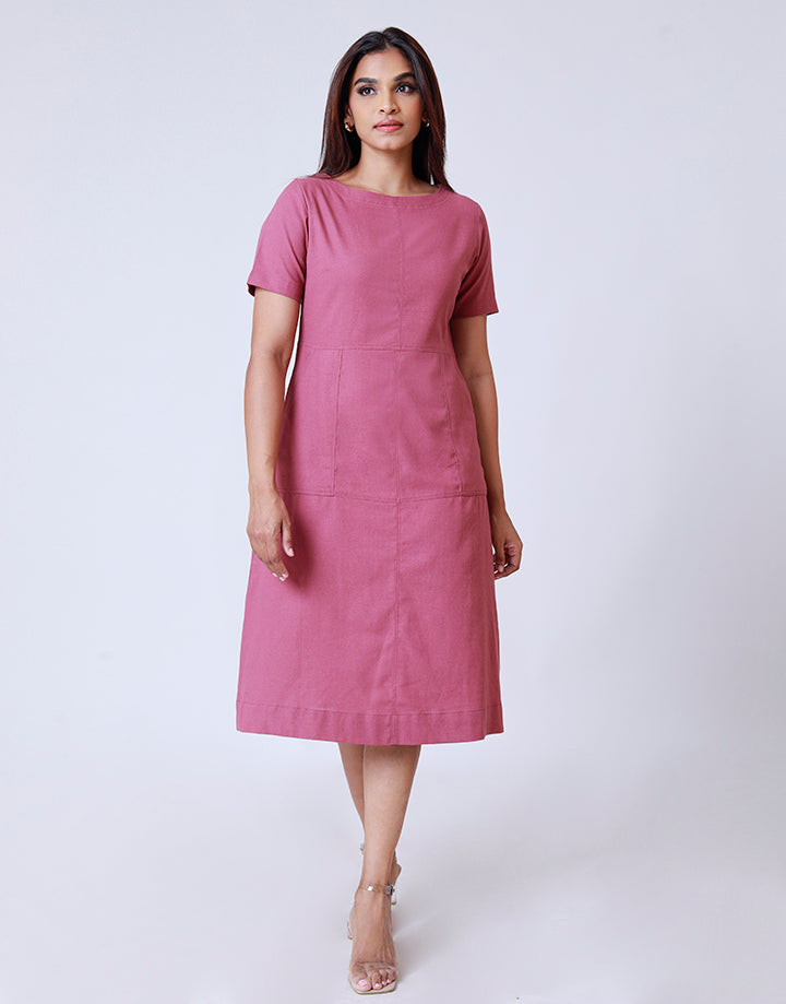 Linen Round Neck Dress with Side Pockets