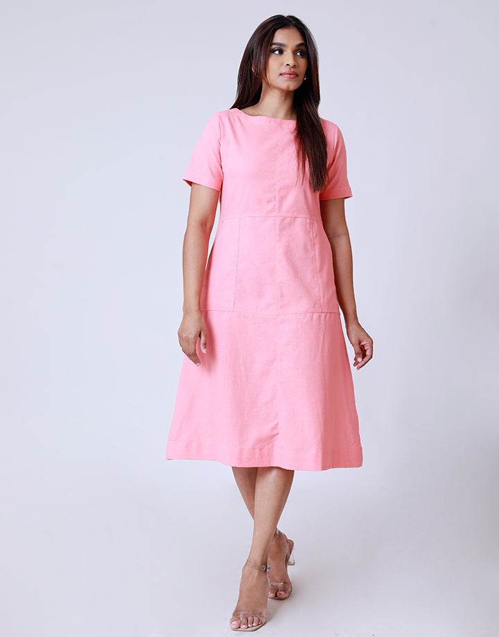 Linen Round Neck Dress with Side Pockets