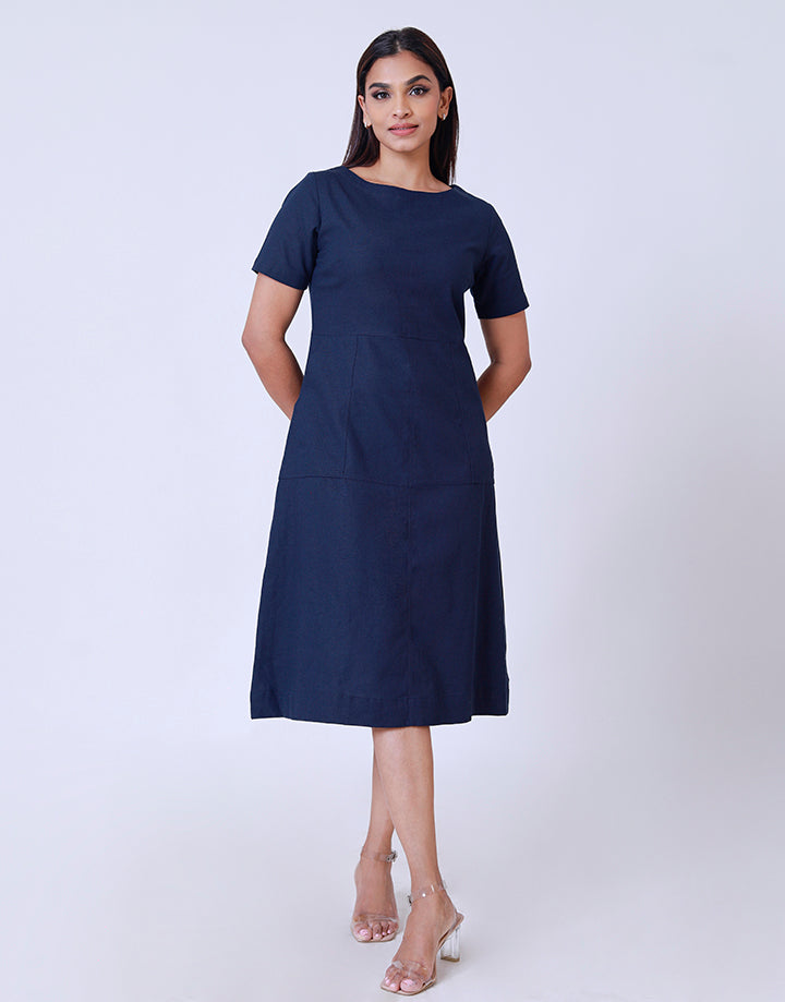 Linen Round Neck Dress with Side Pockets