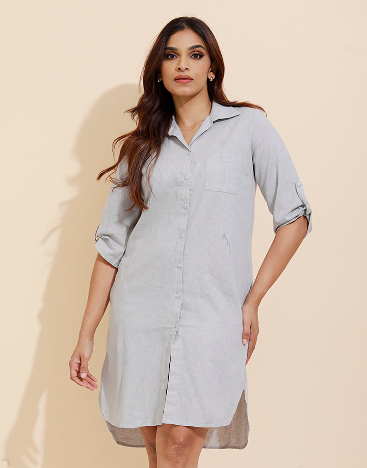 Linen Shirt Dress with 3/4 Sleeve