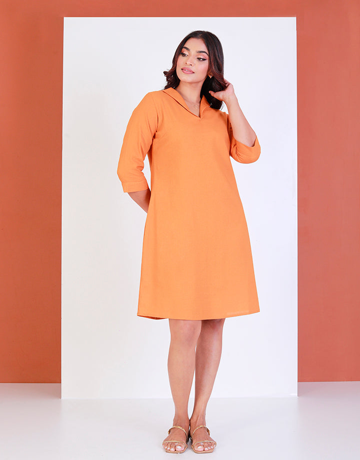 Linen V-Neck Dress with ¾ Sleeves