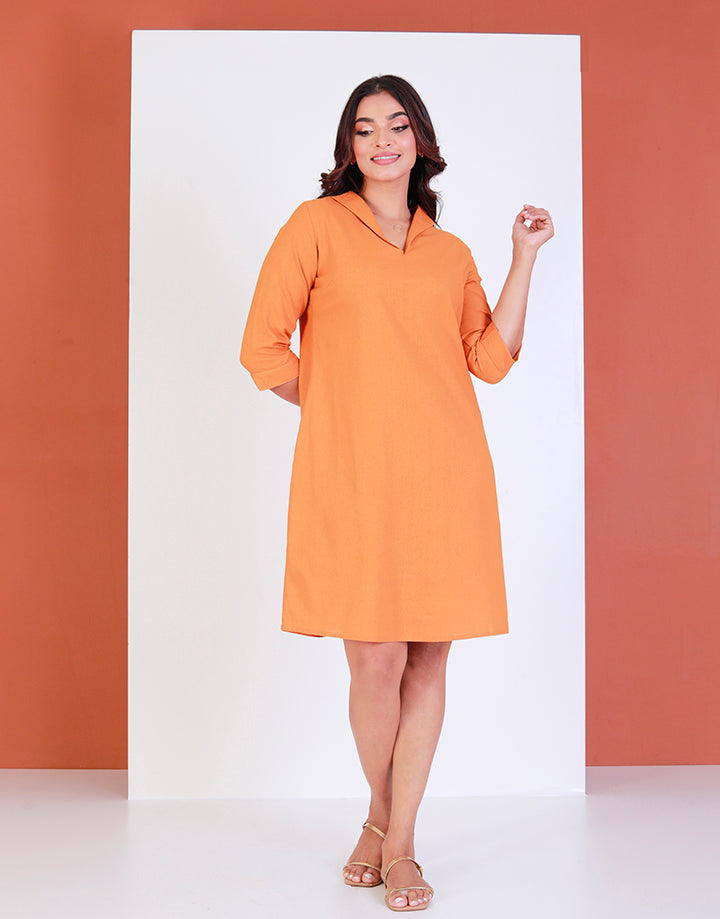 Linen V-Neck Dress with ¾ Sleeves