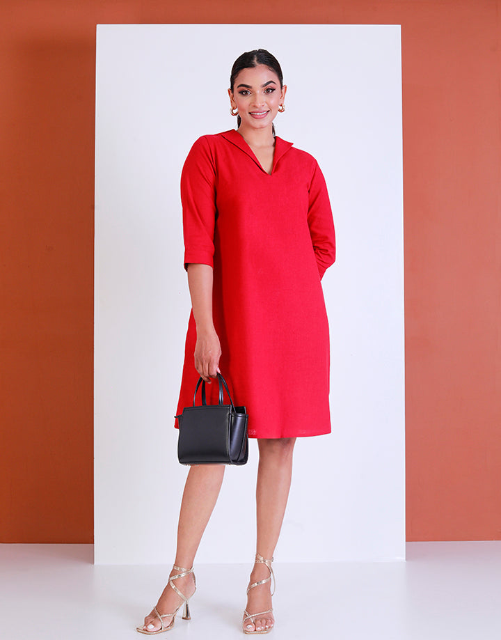 Linen V-Neck Dress with ¾ Sleeves