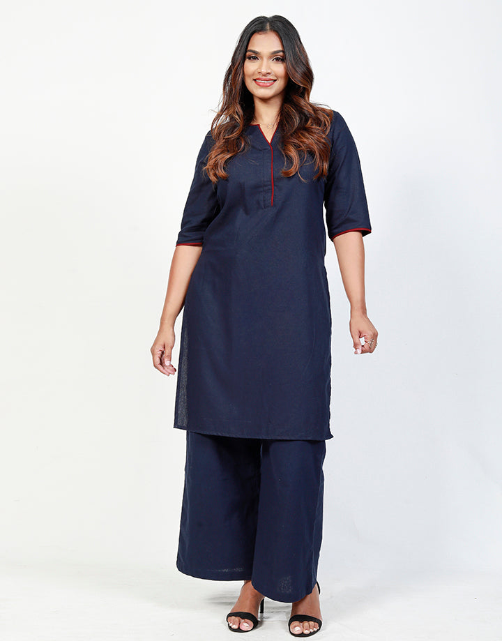 Linen ¾ Sleeves Kurtha with Piping Details