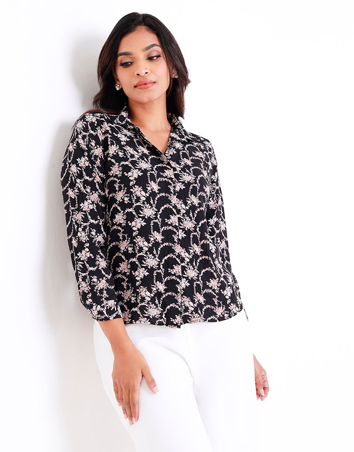 Long Sleeves Blouse with Rose Flower Print