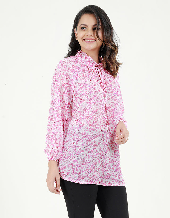 Long Sleeves Printed Blouse with Tie Up