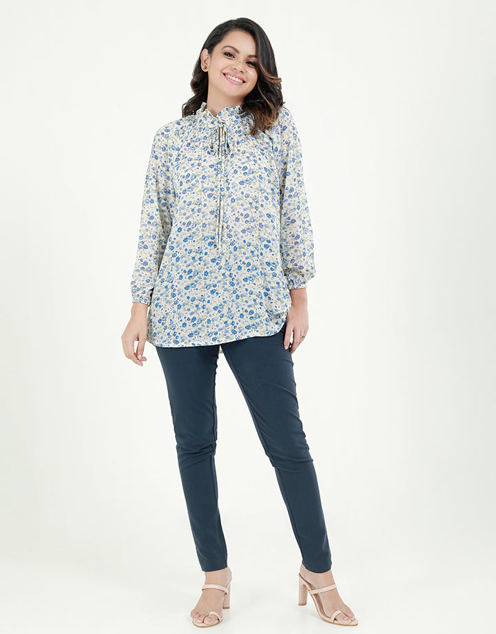 Long Sleeves Printed Blouse with Tie Up