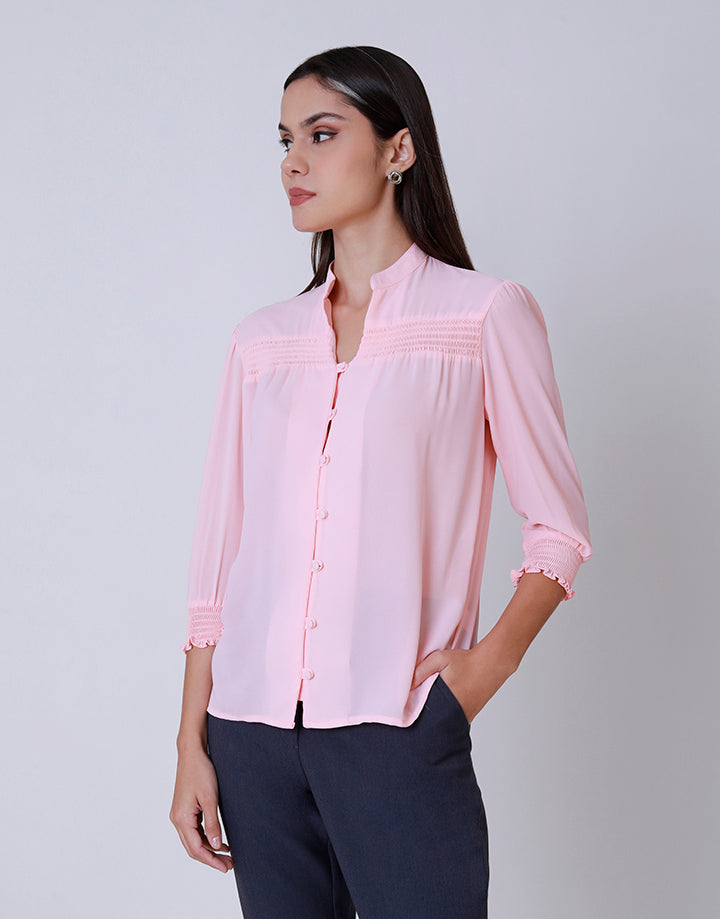 Mandarin Collar Top with Smocked Detail