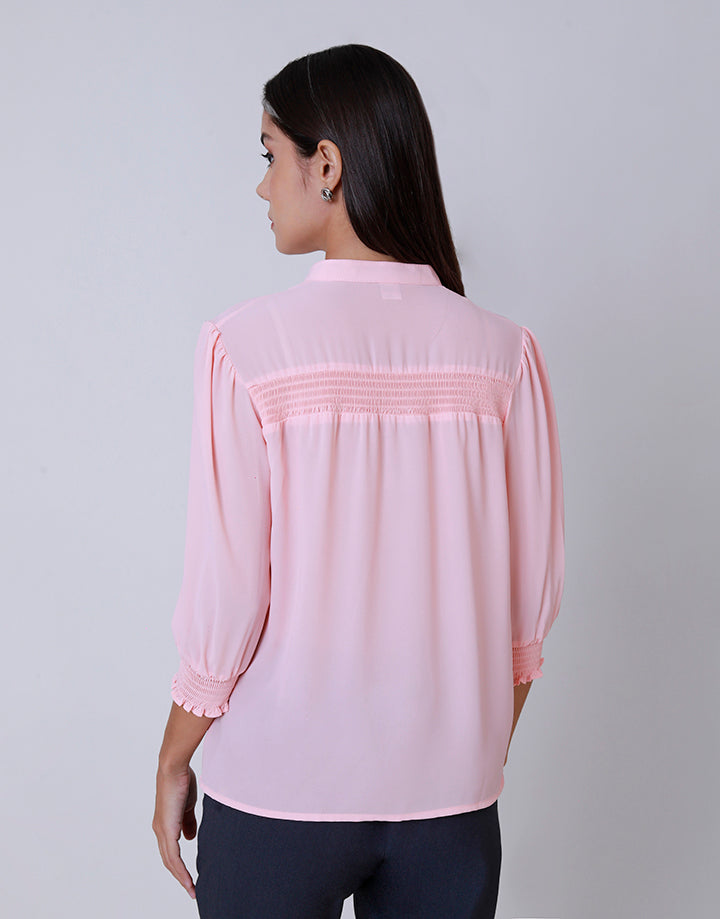 Mandarin Collar Top with Smocked Detail