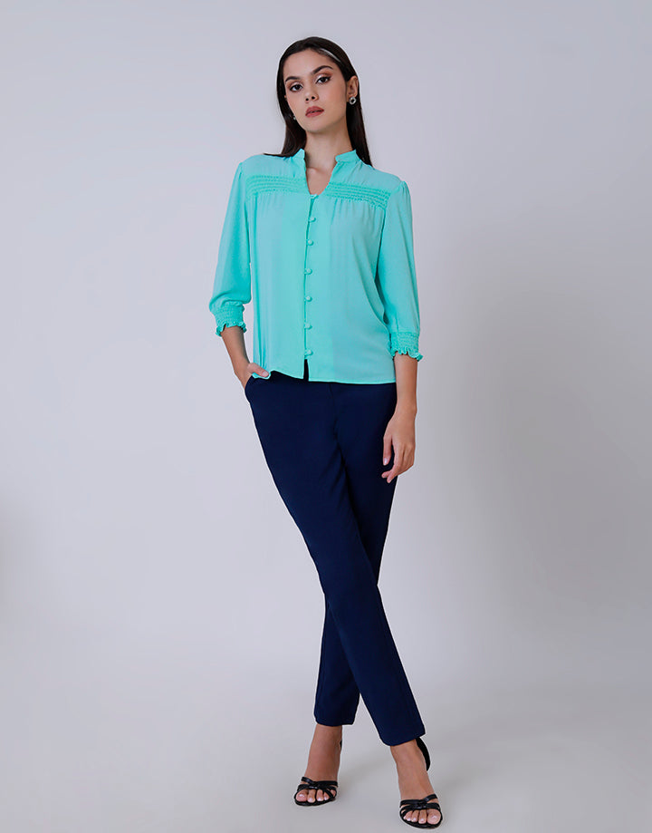 Mandarin Collar Top with Smocked Detail