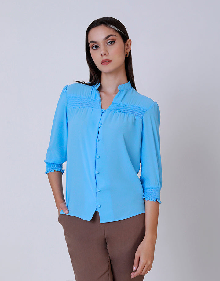 Mandarin Collar Top with Smocked Detail