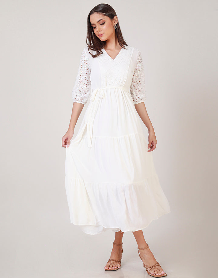 Off White Tiered Maxi Dress with V-Neck