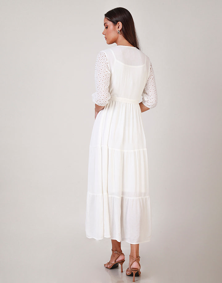 Off White Tiered Maxi Dress with V-Neck