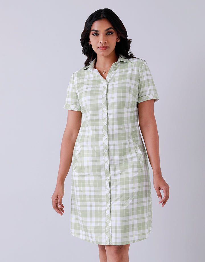 Open Collar Shirt Dress in Check