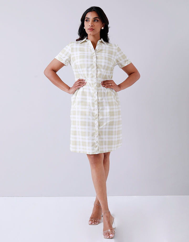 Open Collar Shirt Dress in Check