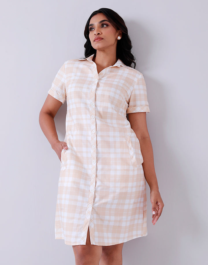 Open Collar Shirt Dress in Check