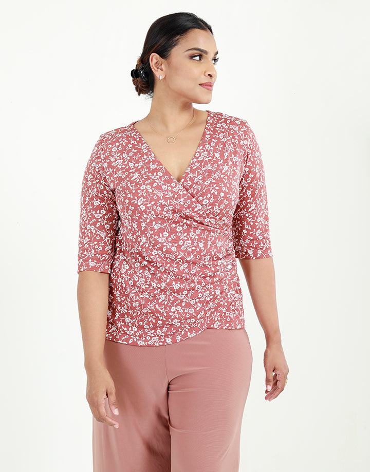 Overlapped Printed Top with ¾ Sleeves