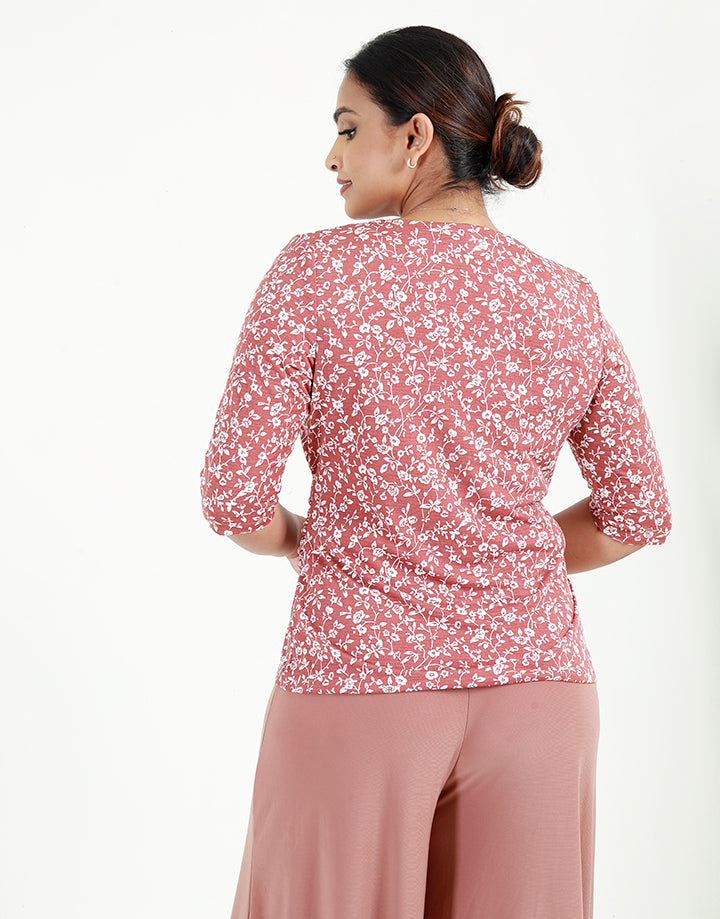 Overlapped Printed Top with ¾ Sleeves