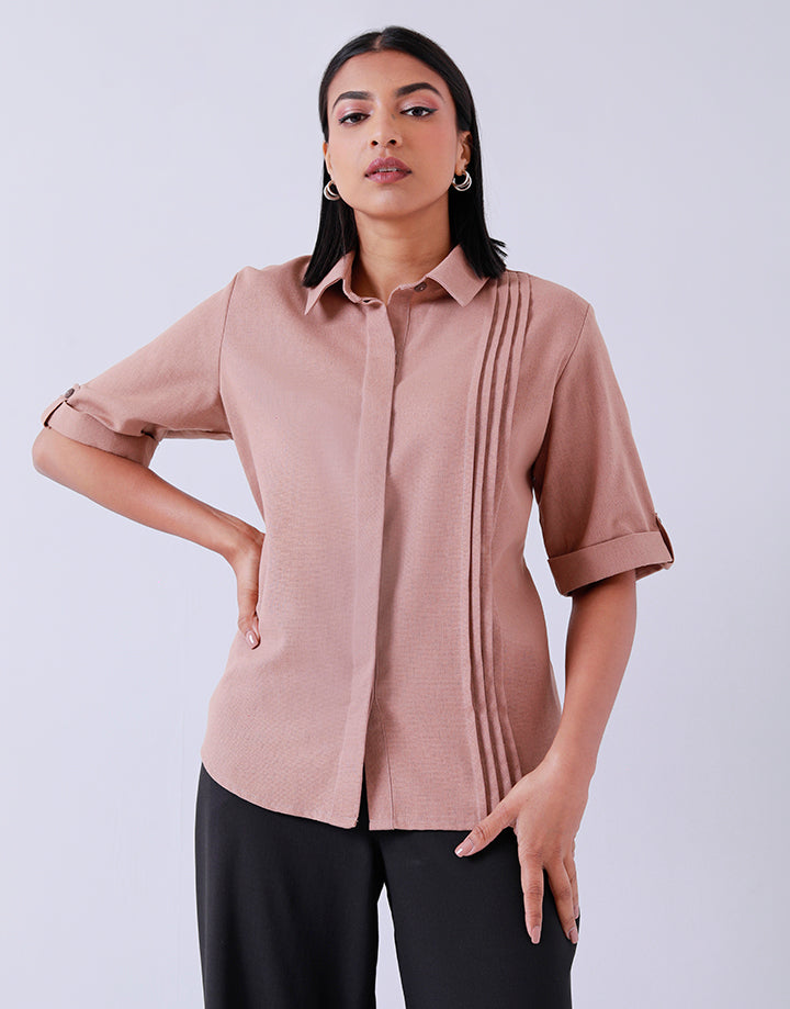 Pintuck Blouse with Roll Tab Sleeves