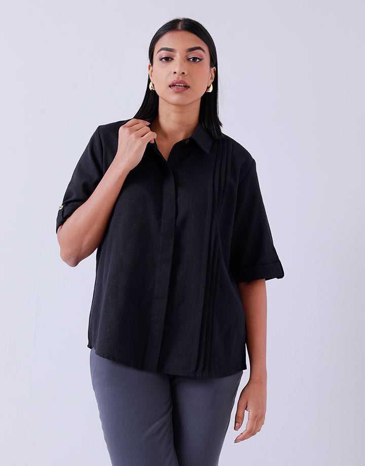 Pintuck Blouse with Roll Tab Sleeves